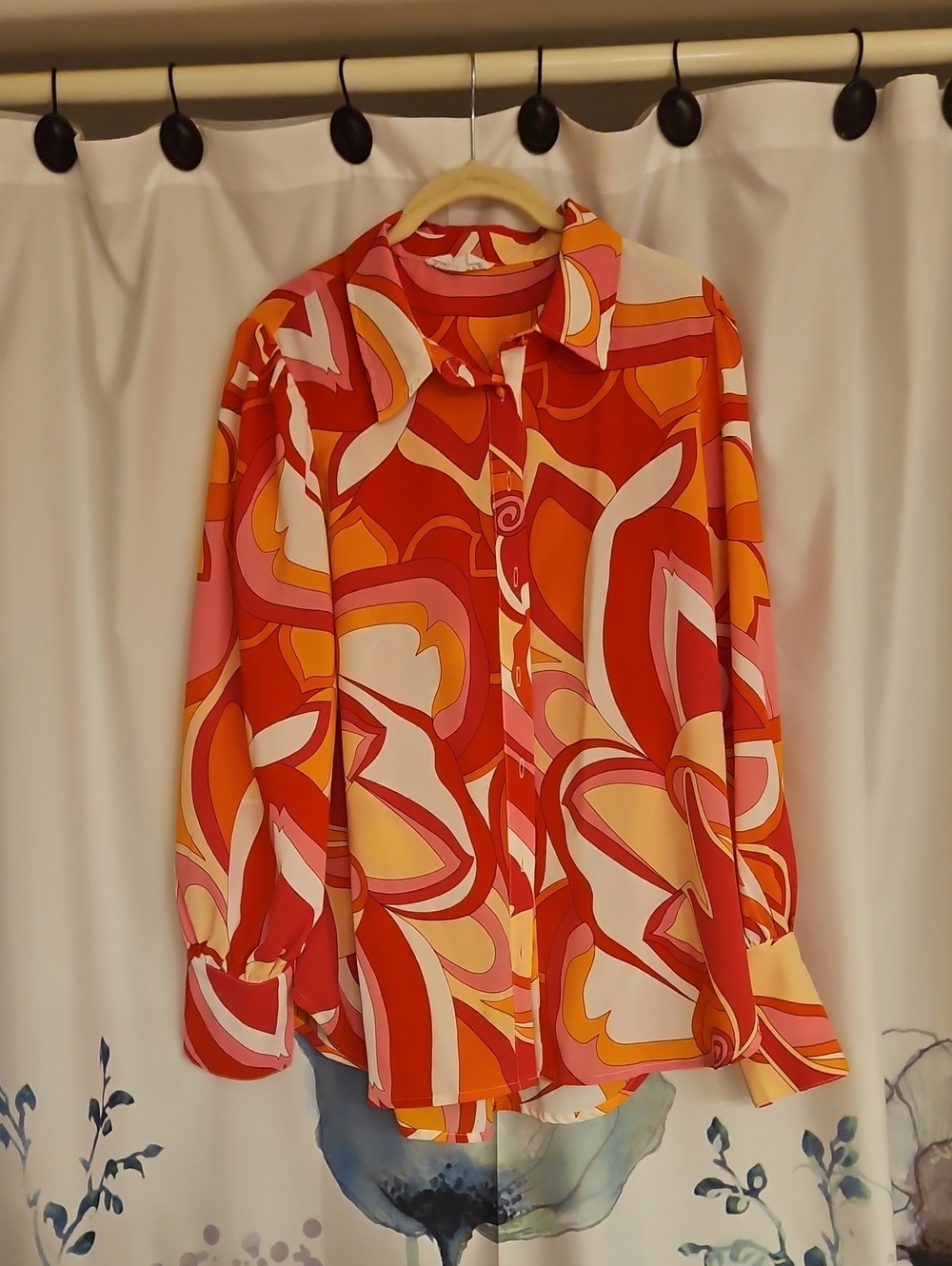 First Love Bold Retro Swirl Button-Down Shirt in Red, Pink & Orange
